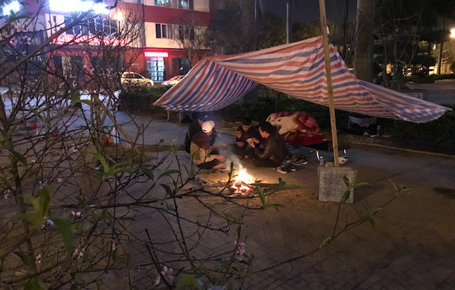 Trắng đêm ngồi co ro đốt củi sưởi ấm để canh đào, quất, hoa Tết